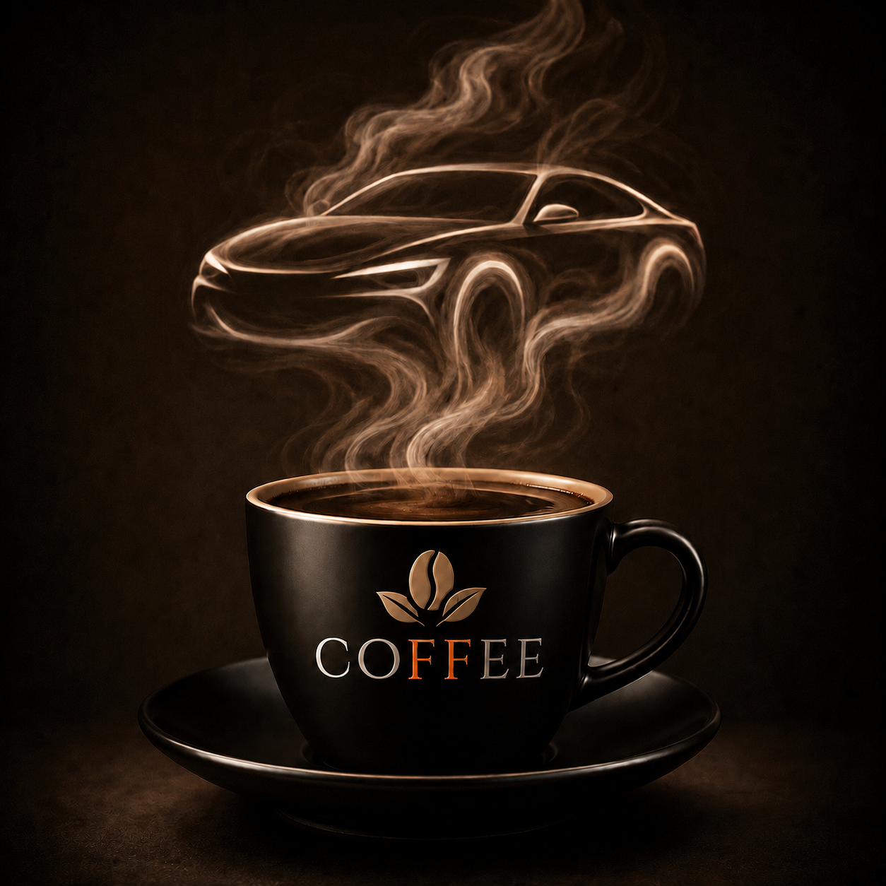 COFFEE: xícara de café com a fumaça formando a silhueta de um carro